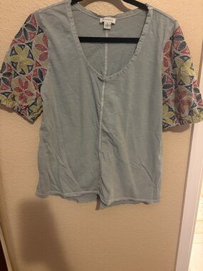 Sundance Pale Green V-Neck Top with Embroidered Multi-Color Puff Sleeves